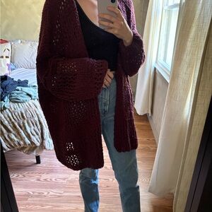 Free People Deep Burgundy Open-Knit Cardigan